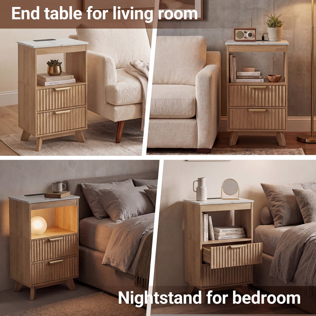 YDN Tall Nightstand Set of 2 - Modern Bedside Table with Fluted Design & Charging Station, Wooden Bedsides End Table with 2 Drawers and Storage Shelf for Bedroom, Living Room,Nature