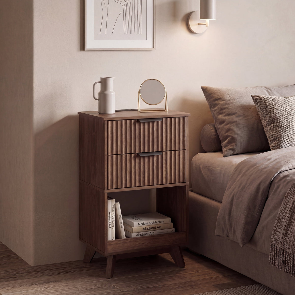 YDN Modern Tall Nightstand Set of 2 - Bedside Table with Fluted Design & Charging Station, Wooden Bedsides End Table with 2 Drawers and Storage Shelf for Bedroom, Living Room,Walnut