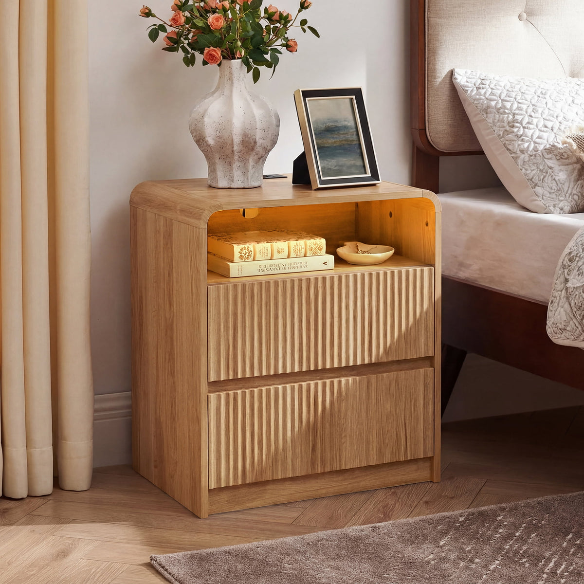 YDN Modern Wooden Fluted Nightstand with Charging Station & LED - Indoors Bedside Table Furniture W/2 Drawers and Open Shelf, End Table 24 inches Night Stand for Bedroom,Living Room,Natural,Set of 2