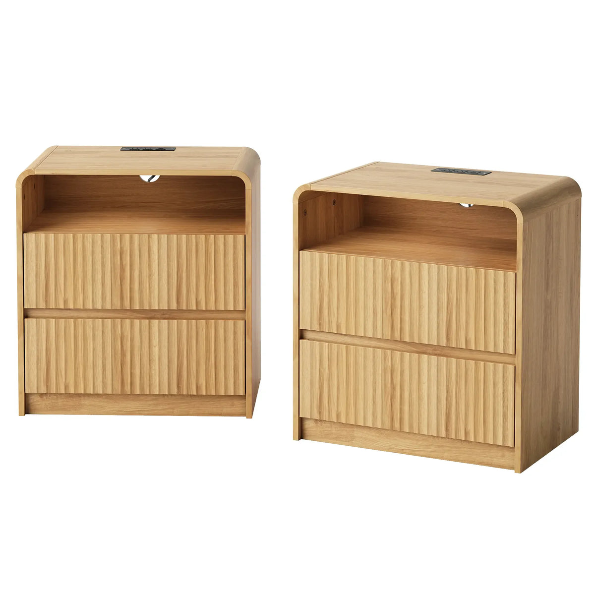 YDN Modern Wooden Fluted Nightstand with Charging Station & LED - Indoors Bedside Table Furniture W/2 Drawers and Open Shelf, End Table 24 inches Night Stand for Bedroom,Living Room,Natural,Set of 2