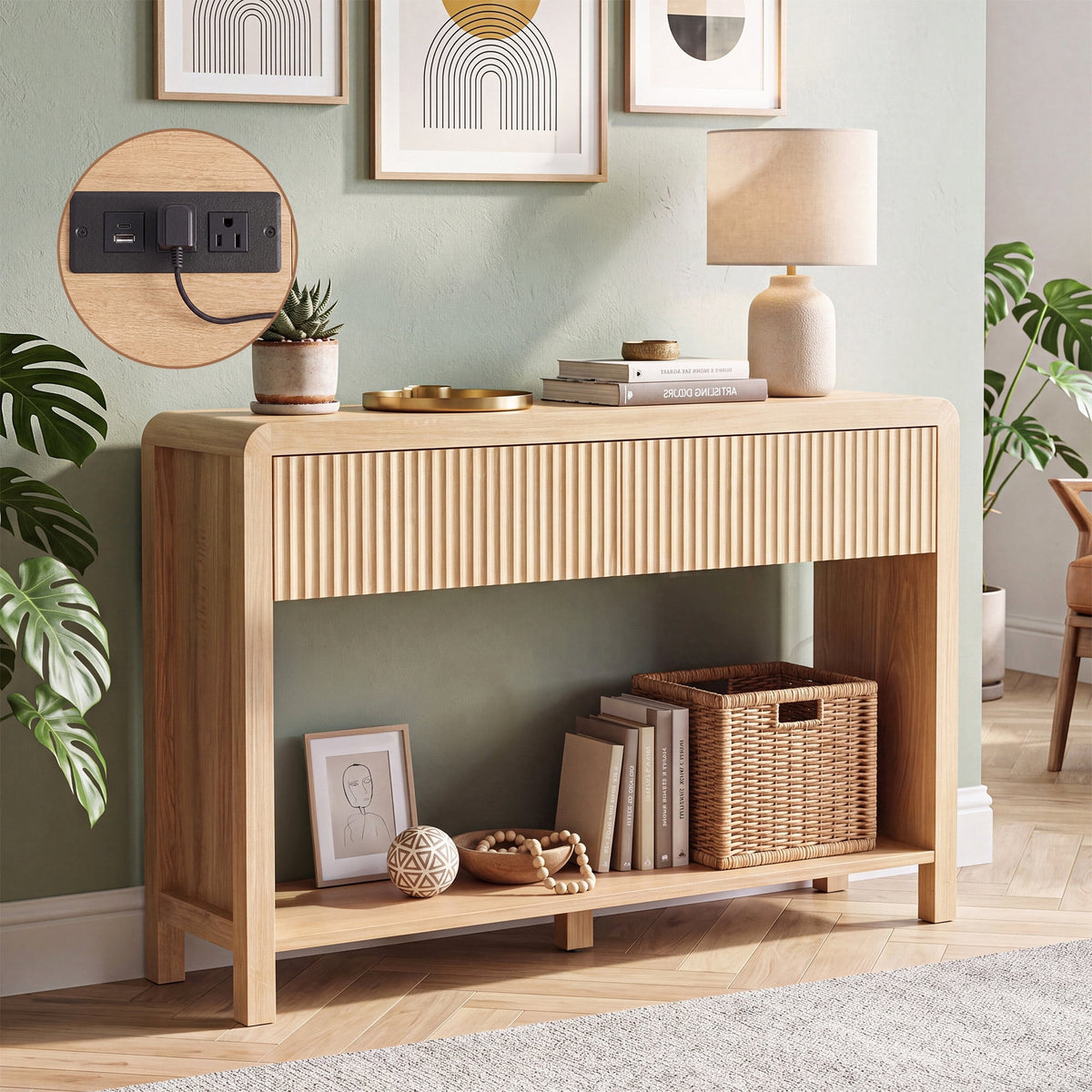 YDN Fluted Console Sofa Table with Outlets,47" Curved Narrow Console Table with Open Shlef Behind Couch,2 Drawer Entryway Table for Entrance,Hallway,Living Room,Natural