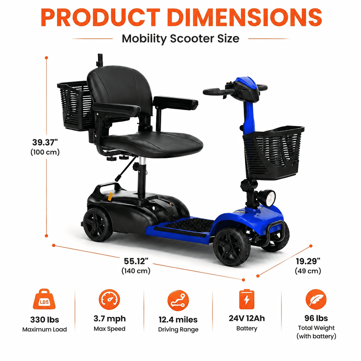 SACVON 4 Wheel Mobility Scooter for Seniors, with 330 lbs Capacity, 250W Motor, Long Battery Life, Comfort Swivel Seat, Detachable Dual Baskets, USB Port & LED Light, Blue