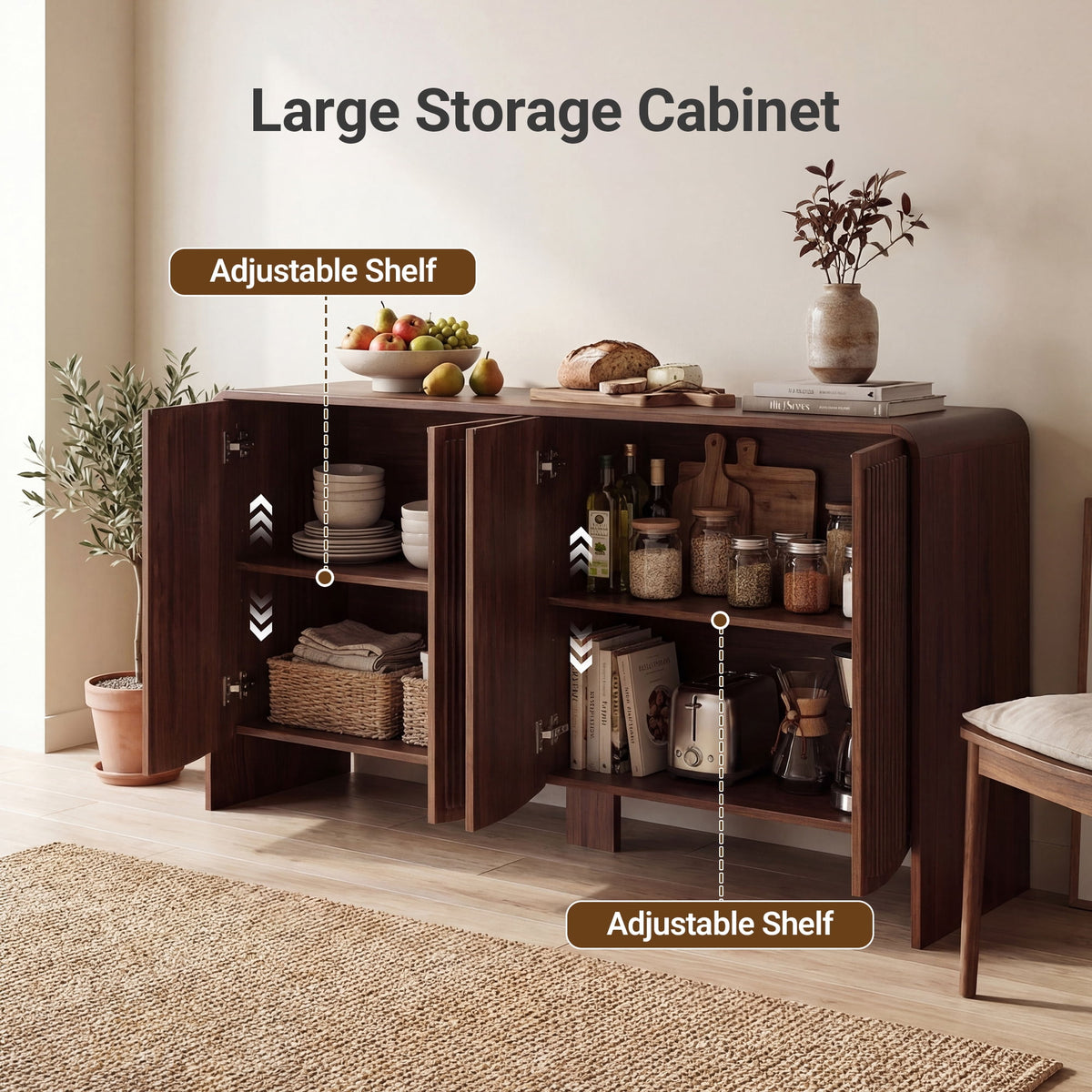 YDN 58" Fluted Buffet Cabinet with Storage Accent Sideboard,Modern Sideboards & Buffets with Rounded Edges, Wood Sideboard Buffet Cabinet W/Adjustable Shelves for Kitchen Living Room Entryway,Walnut