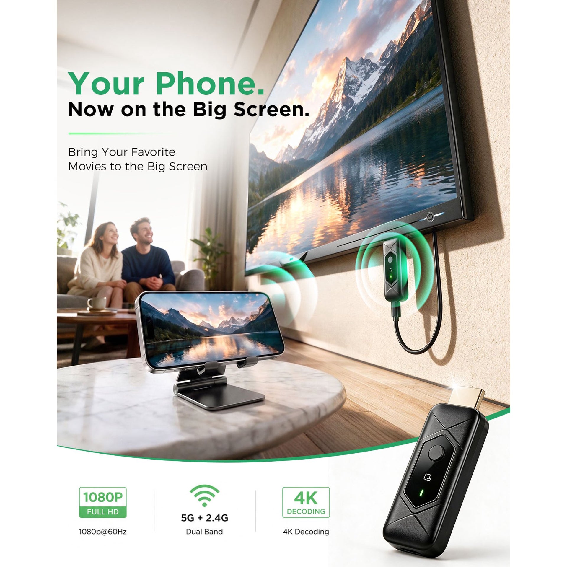 Wireless HDMI Transmitter and Receiver, Plug & Play HDMI Wireless Display Adapter, 4K Decode 1080P Output Screen Mirroring Kit for Laptop PC Phone to TV Projector Monitor