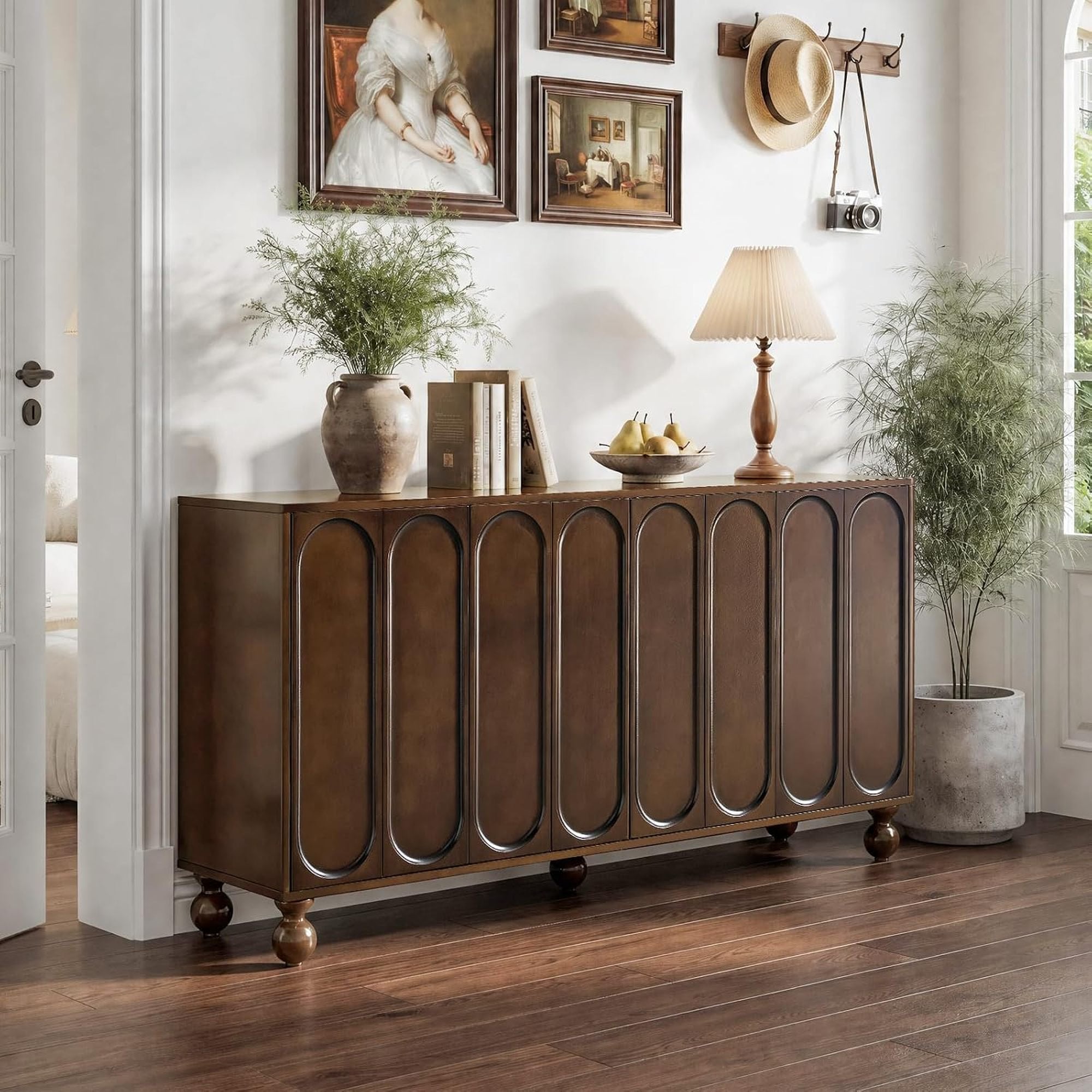 60" Dark Walnut Sideboard Cabinet with 3D Arched Doors, Adjustable Shelves, Modern TV Stand & Storage Console for Living Room, Dining Room