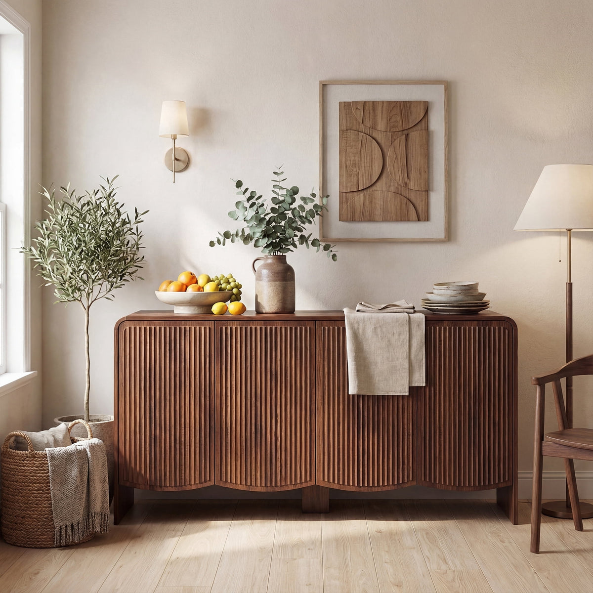 YDN 58" Fluted Buffet Cabinet with Storage Accent Sideboard,Modern Sideboards & Buffets with Rounded Edges, Wood Sideboard Buffet Cabinet W/Adjustable Shelves for Kitchen Living Room Entryway,Walnut