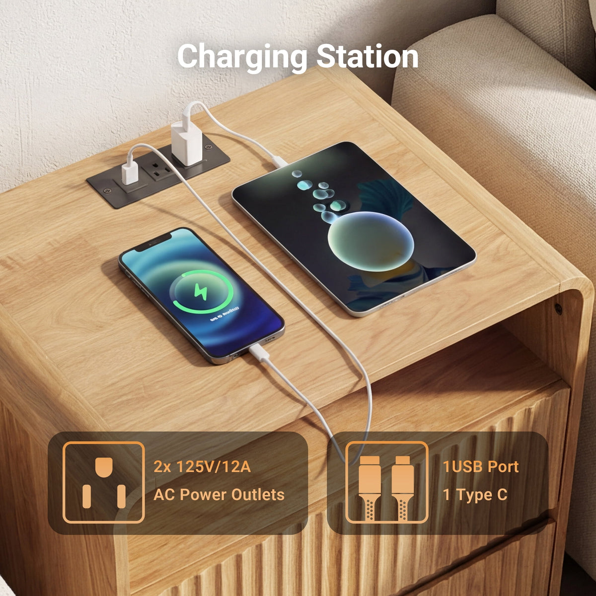 YDN Modern Wooden Fluted Nightstand with Charging Station & LED - Indoors Bedside Table Furniture W/2 Drawers and Open Shelf, End Table 24 inches Night Stand for Bedroom,Living Room,Natural,Set of 2