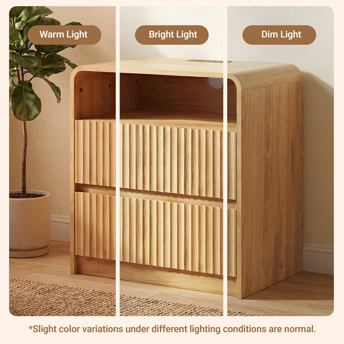 YDN Modern Wooden Fluted Nightstand with Charging Station & LED - Indoors Bedside Table Furniture W/2 Drawers and Open Shelf, End Table 24 inches Night Stand for Bedroom,Living Room,Natural,Set of 2