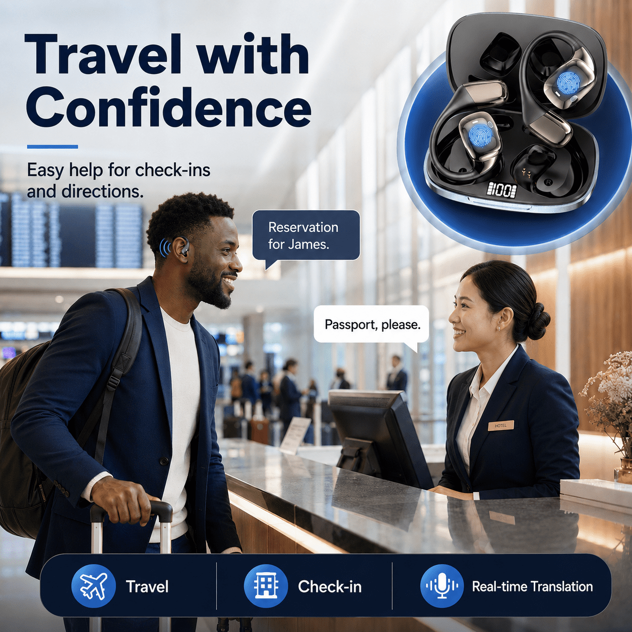 AI Language Translation Earbuds, 3-in-1 AI Translator Earbuds Real Time for 144 Languages, Wireless Bluetooth Headphones, Translator Device with APP fit IOS and Android for Travel, Business, Learning