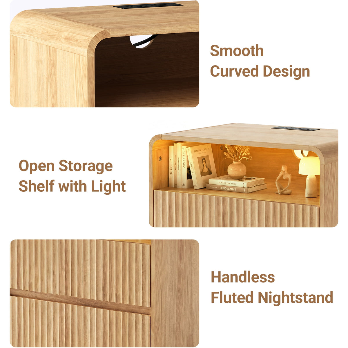 YDN Modern Wooden Fluted Nightstand with Charging Station & LED - Indoors Bedside Table Furniture W/2 Drawers and Open Shelf, End Table 24 inches Night Stand for Bedroom,Living Room,Natural,Set of 2