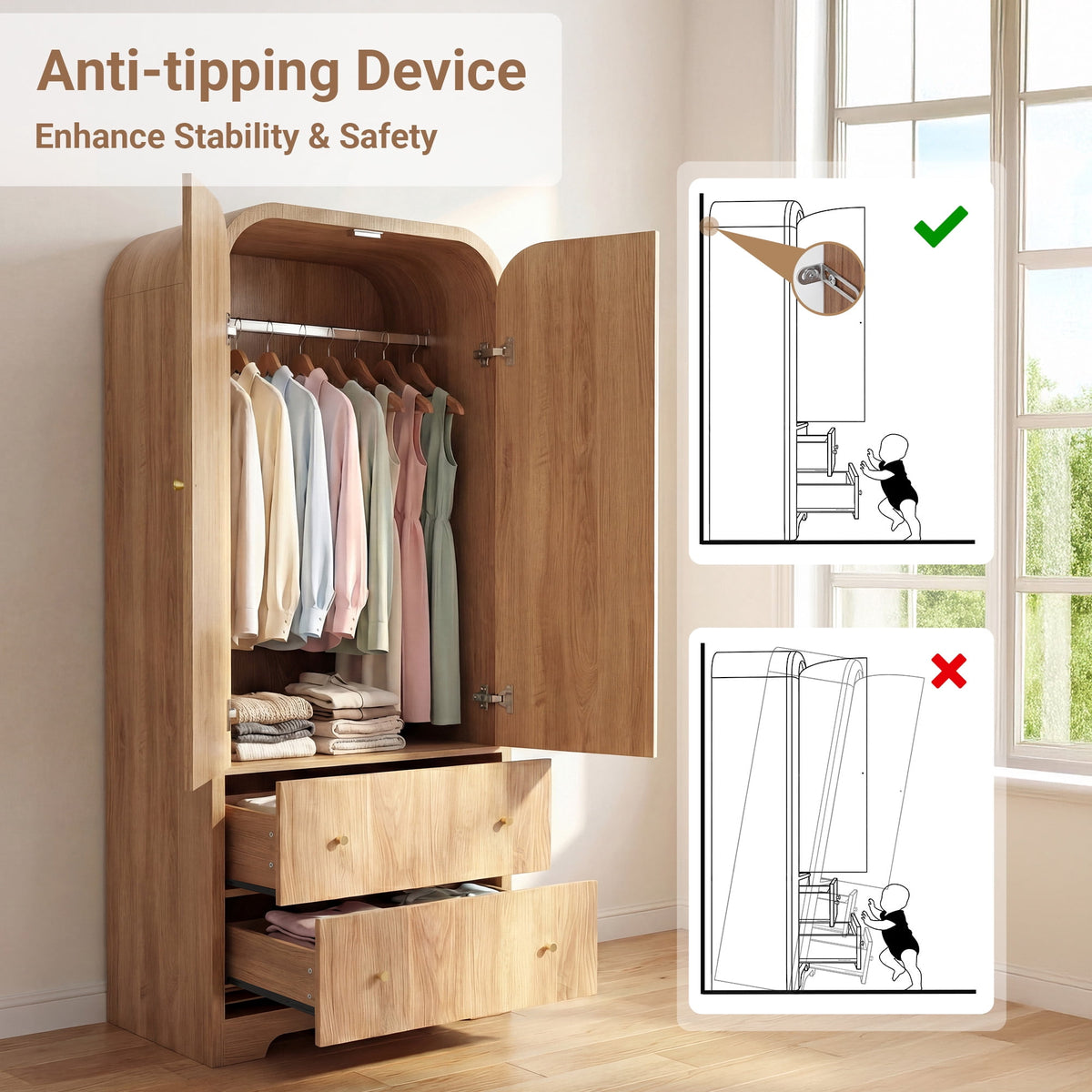 YDN Modern Arched Wardrobe Closet - 70" Wardrobe Closet Armoire with 2 Doors & Hanging Rod, Wooden Armoire Wardrobe Closet with Drawers Tall Armoires Storage Organizers for Bedroom,Nature Finish