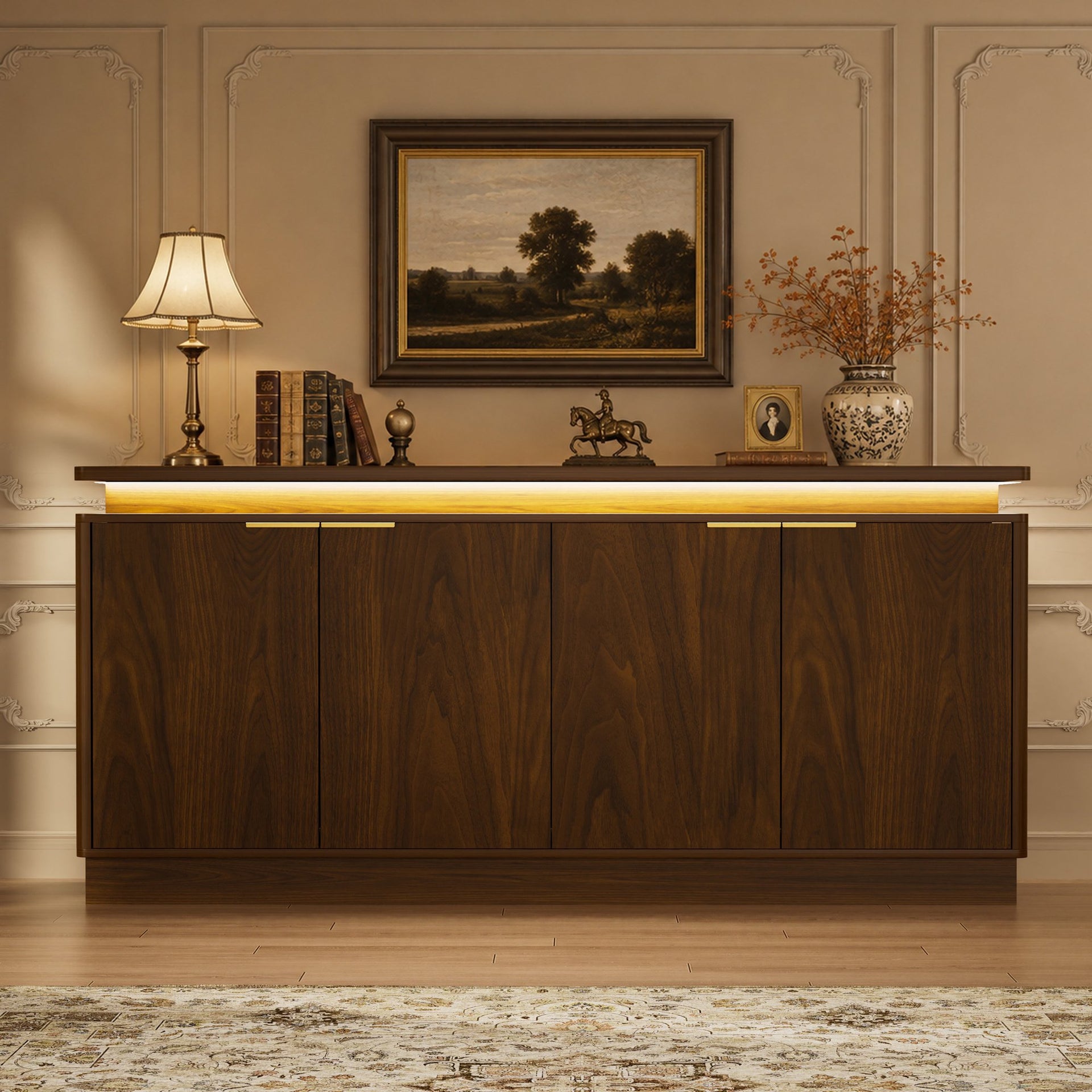 LKTART 66" Modern Sideboard Storage Cabinet with LED Lights, Walnut