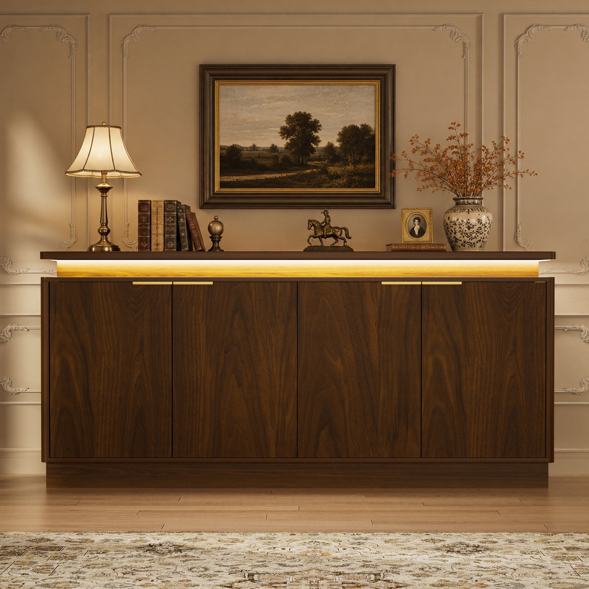 LKTART 66" Modern Sideboard Storage Cabinet with LED Lights, Walnut
