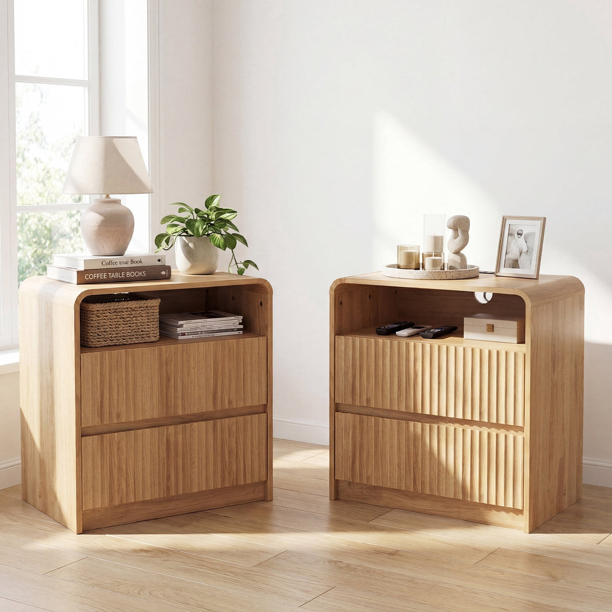 YDN Modern Wooden Fluted Nightstand with Charging Station & LED - Indoors Bedside Table Furniture W/2 Drawers and Open Shelf, End Table 24 inches Night Stand for Bedroom,Living Room,Natural,Set of 2