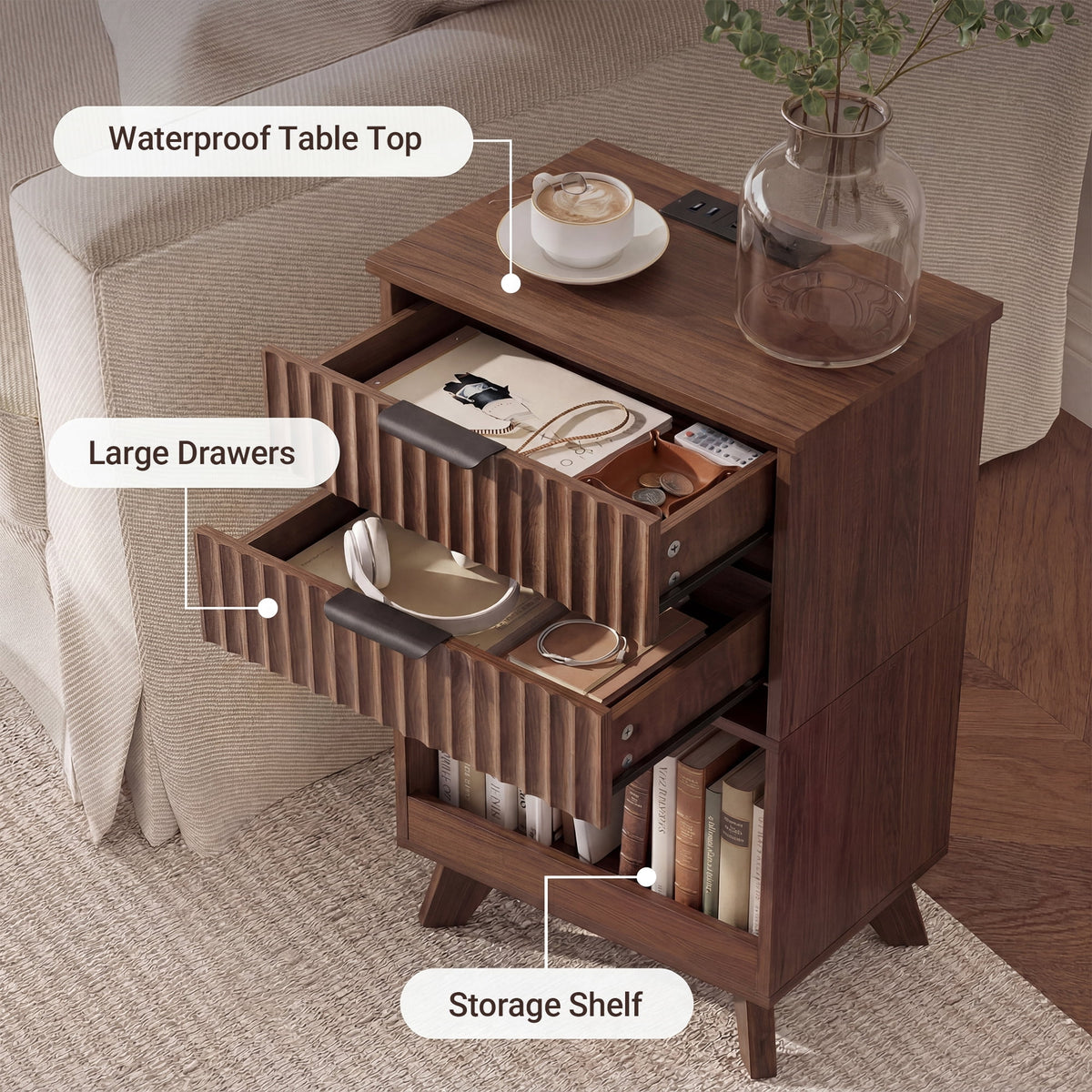 YDN Modern Tall Nightstand Set of 2 - Bedside Table with Fluted Design & Charging Station, Wooden Bedsides End Table with 2 Drawers and Storage Shelf for Bedroom, Living Room,Walnut