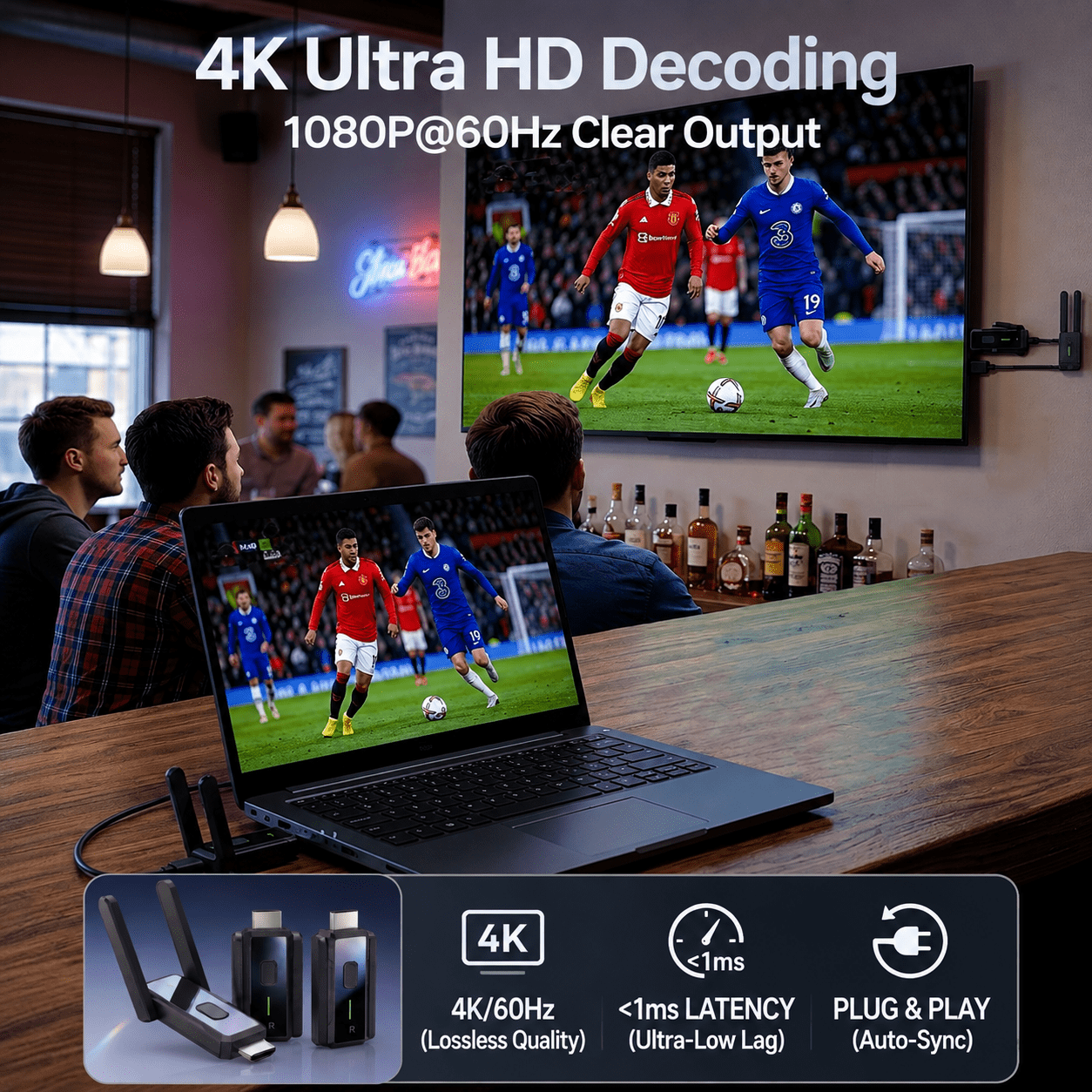 Wireless HDMI Transmitter and Receiver with 2 Receivers, 394FT Long Range Wireless HDMI System, Dual Band 2.4GHz/5GHz, Plug and Play, Multi Screen Display for Projector, TV, Laptop, PC, Camera