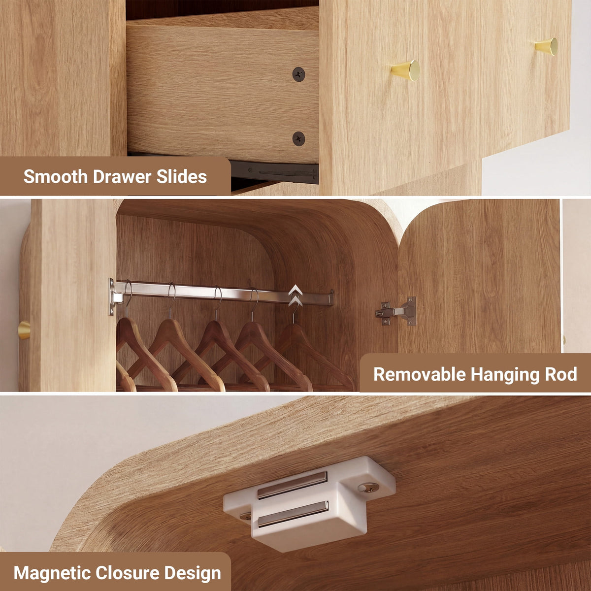 YDN Modern Arched Wardrobe Closet - 70" Wardrobe Closet Armoire with 2 Doors & Hanging Rod, Wooden Armoire Wardrobe Closet with Drawers Tall Armoires Storage Organizers for Bedroom,Nature Finish