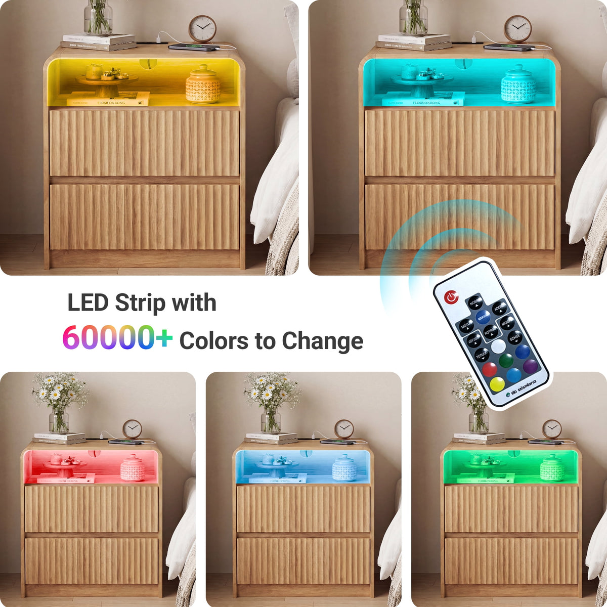 YDN Modern Wooden Fluted Nightstand with Charging Station & LED - Indoors Bedside Table Furniture W/2 Drawers and Open Shelf, End Table 24 inches Night Stand for Bedroom,Living Room,Natural,Set of 2