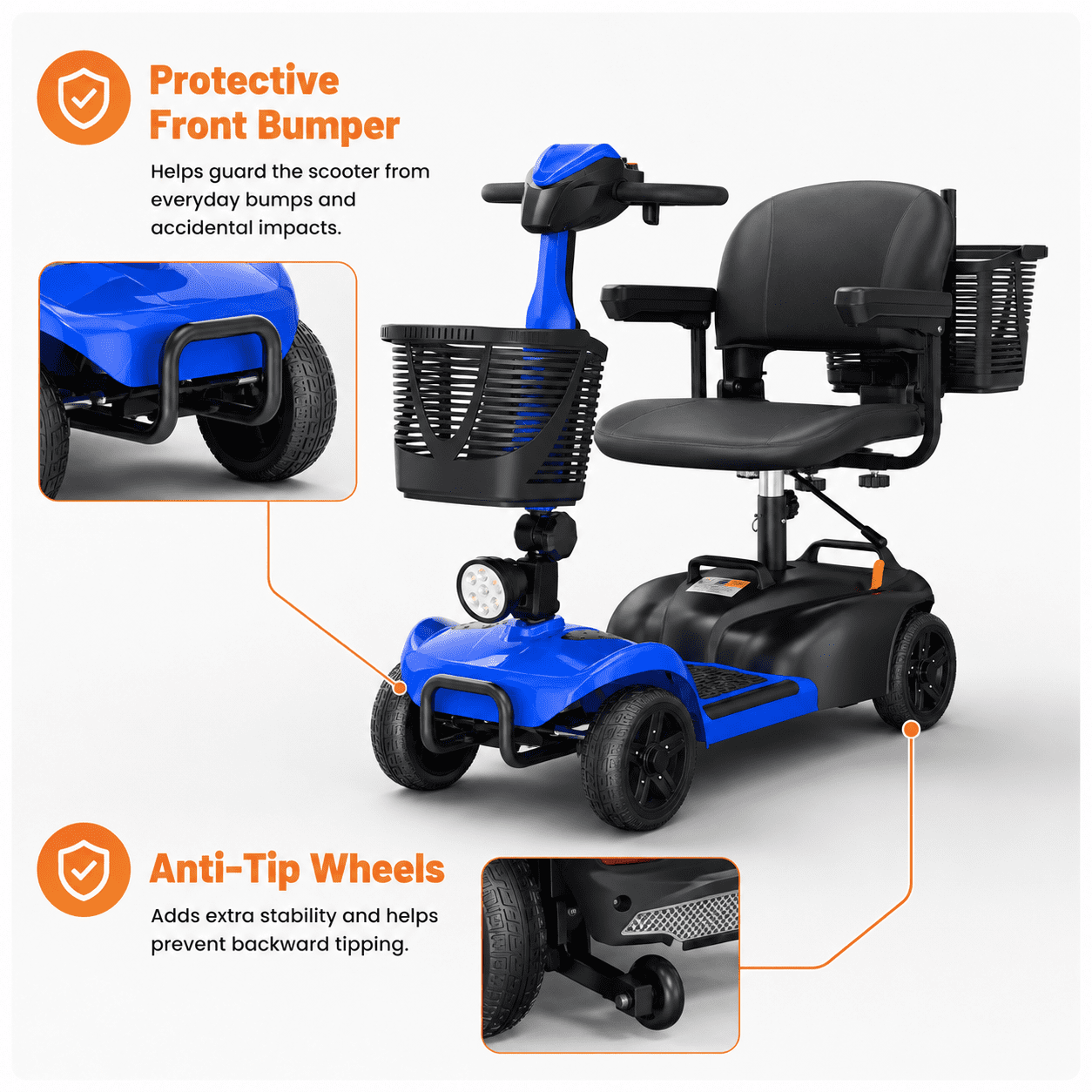 SACVON 4 Wheel Mobility Scooter for Seniors, with 330 lbs Capacity, 250W Motor, Long Battery Life, Comfort Swivel Seat, Detachable Dual Baskets, USB Port & LED Light, Blue