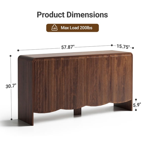 YDN 58" Fluted Buffet Cabinet with Storage Accent Sideboard,Modern Sideboards & Buffets with Rounded Edges, Wood Sideboard Buffet Cabinet W/Adjustable Shelves for Kitchen Living Room Entryway,Walnut