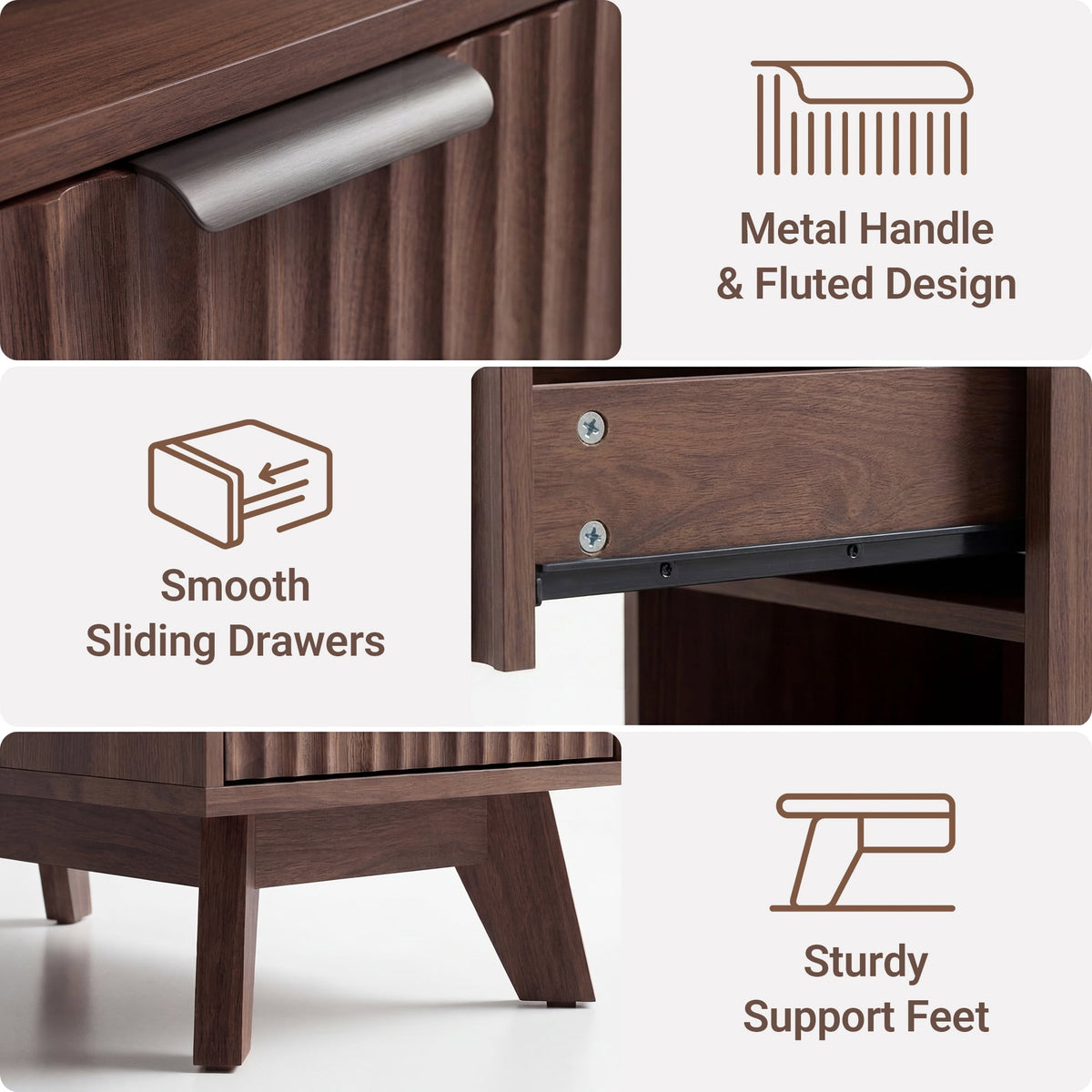 YDN Modern Tall Nightstand Set of 2 - Bedside Table with Fluted Design & Charging Station, Wooden Bedsides End Table with 2 Drawers and Storage Shelf for Bedroom, Living Room,Walnut