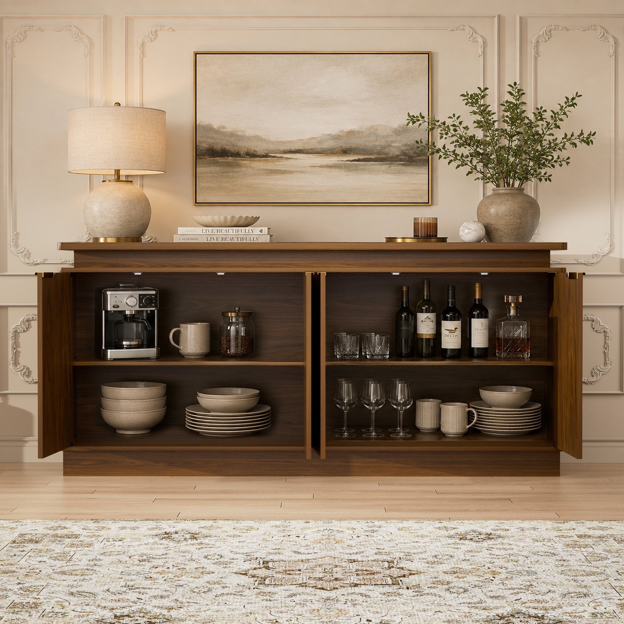 LKTART 66" Modern Sideboard Storage Cabinet with LED Lights, Walnut