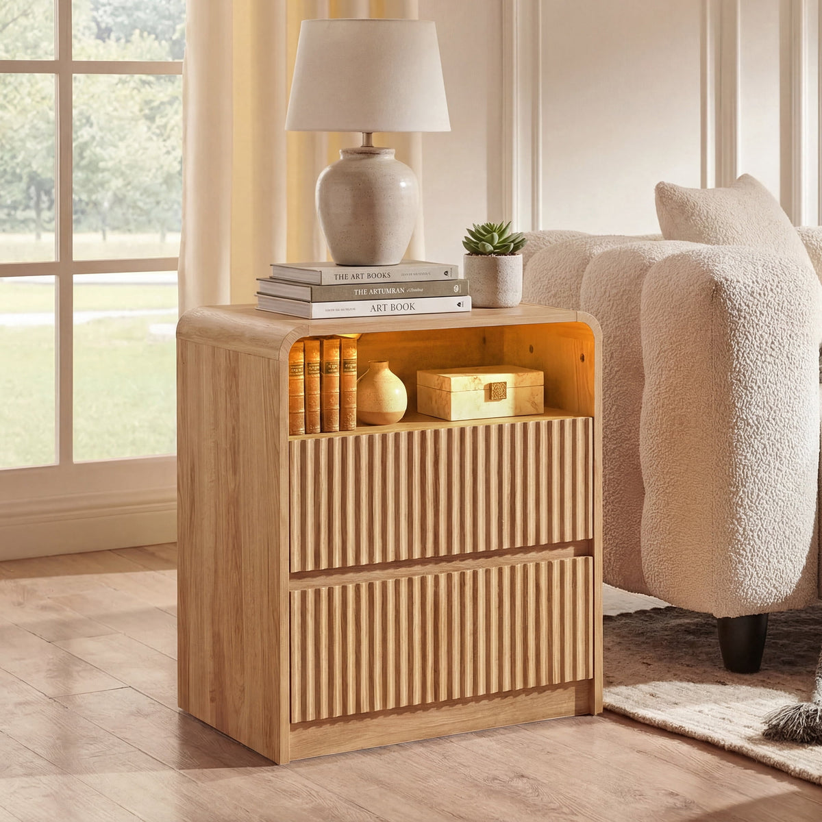 YDN Modern Wooden Fluted Nightstand with Charging Station & LED - Indoors Bedside Table Furniture W/2 Drawers and Open Shelf, End Table 24 inches Night Stand for Bedroom,Living Room,Natural,Set of 2