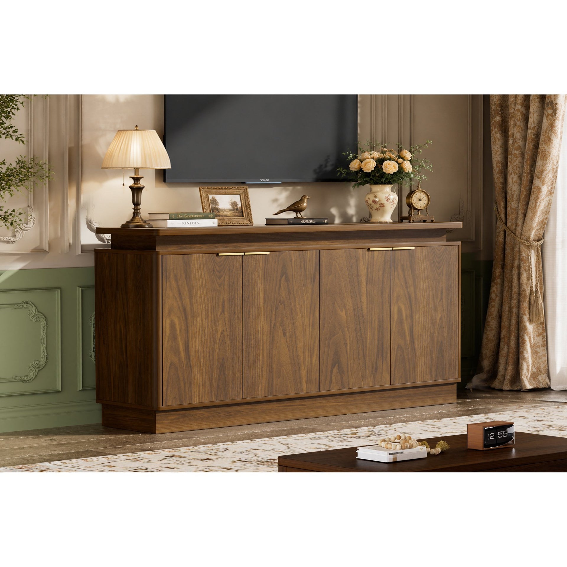 LKTART 66" Modern Sideboard Storage Cabinet with LED Lights, Walnut