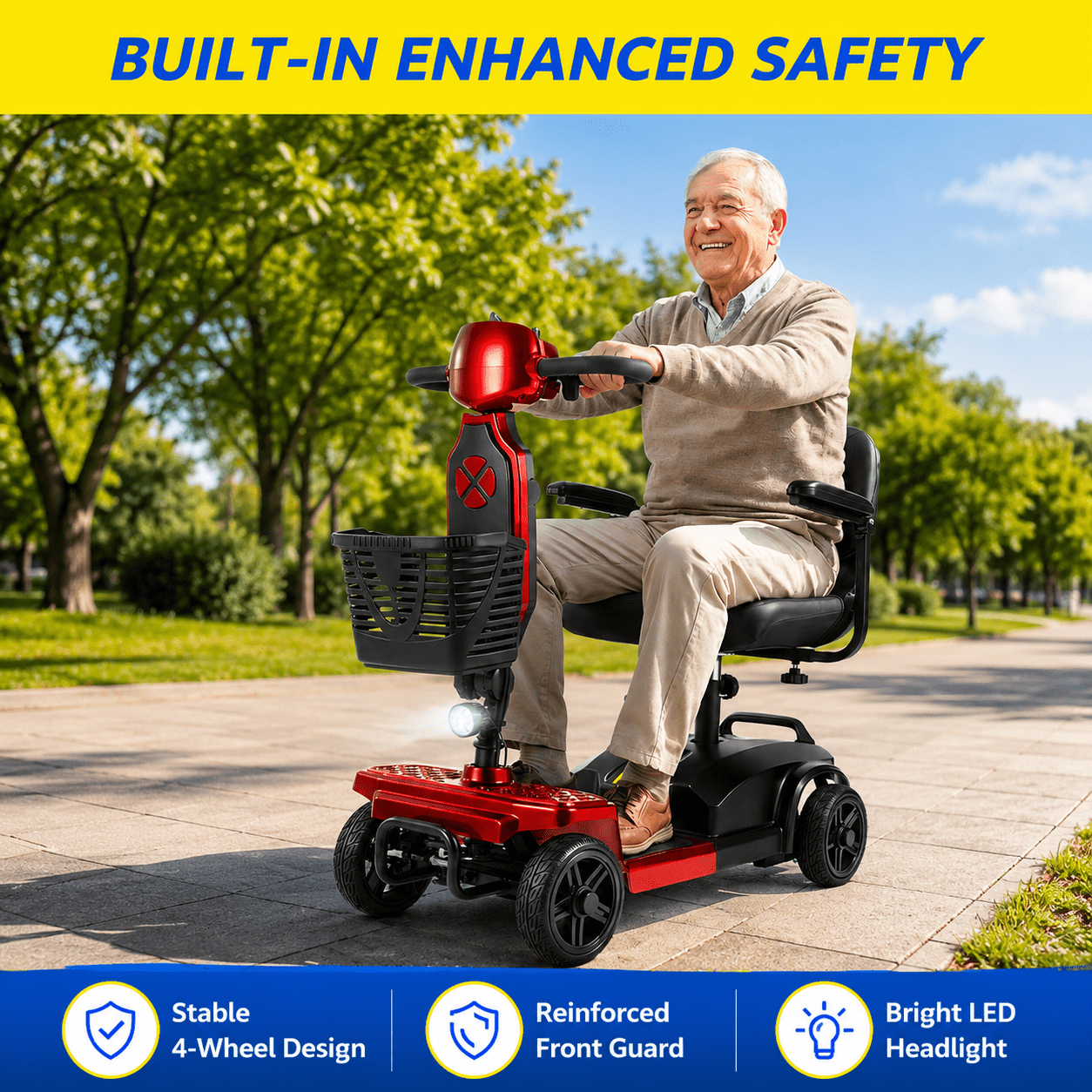SACVON Mobility Scooters for Seniors with Thick Comfort Seat,USB Charging Port & Widened Front Guard,Powered Mobility Scooter for Adults,250W Motor,330 lbs Capacity,Red